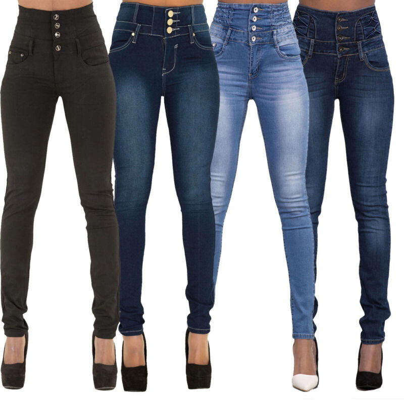 Womens Stretch Jeans Denim Jeggings High Waist Stretchy Skinny Slim Fit Pants UK