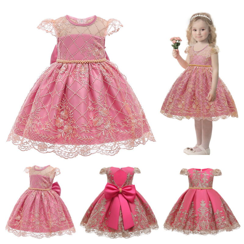 Flower Girls Bridesmaid Dress Baby Kids Party Wedding Lace Bow Princess Dresses