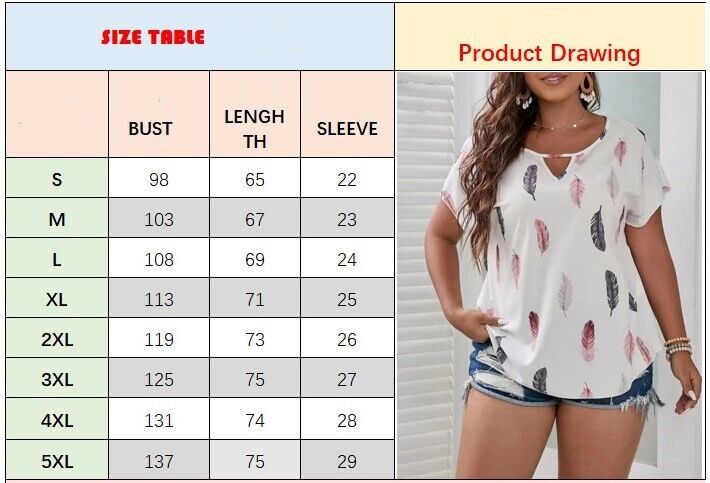 Womens Plus Size T Shirts Short Sleeve Ladies Loose Blouse V-Neck Print Tops Tee