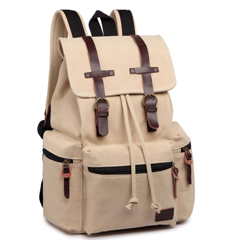 Unisex Real Leather Canvas Backpack Large School Shoulder Bag Rucksack