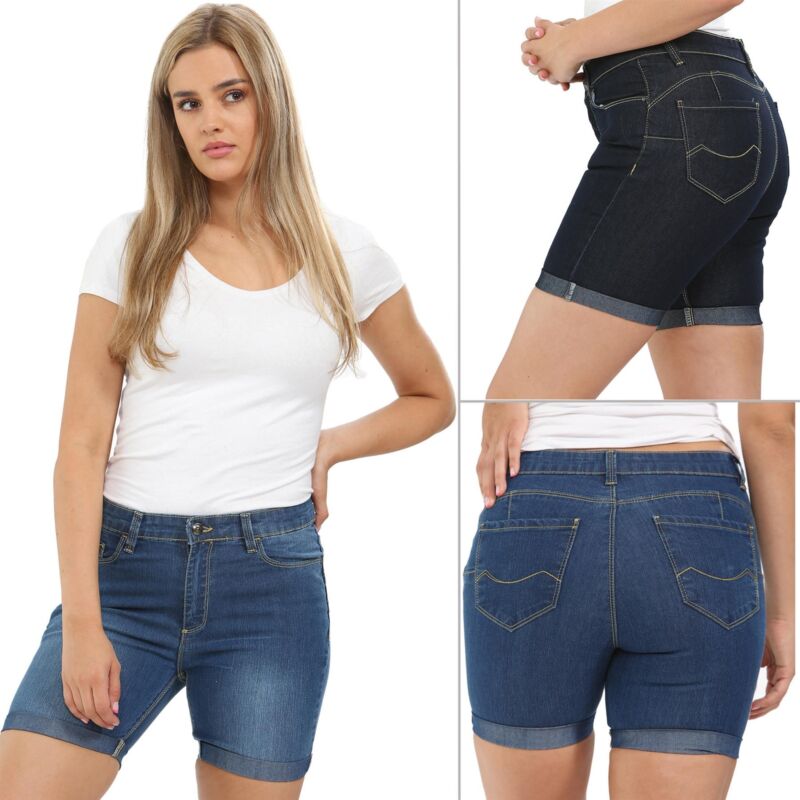 Enzo Womens Denim Shorts Skinny Fit Stretch Jeans Casual Ladies Half Pants UK