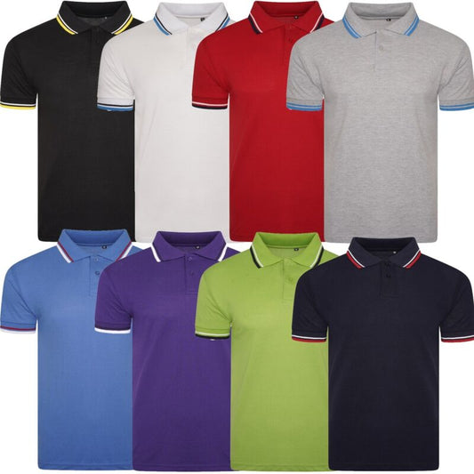 Mens Short Sleeve Plain Tipping Polo Shirt T Shirt Top Casual S-2XL Pique