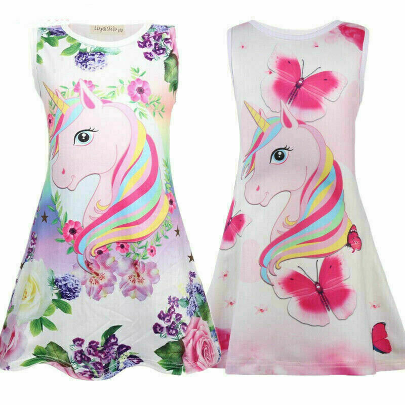 Kids Girls Unicorn Princess Dress Summer Party Sleeveless Tank Dress Sundress