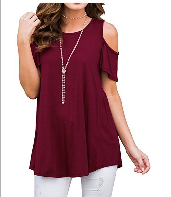 Womens Cold Shoulder Tops Summer T-Shirt Ladies Short Sleeve Swing Baggy Blouse