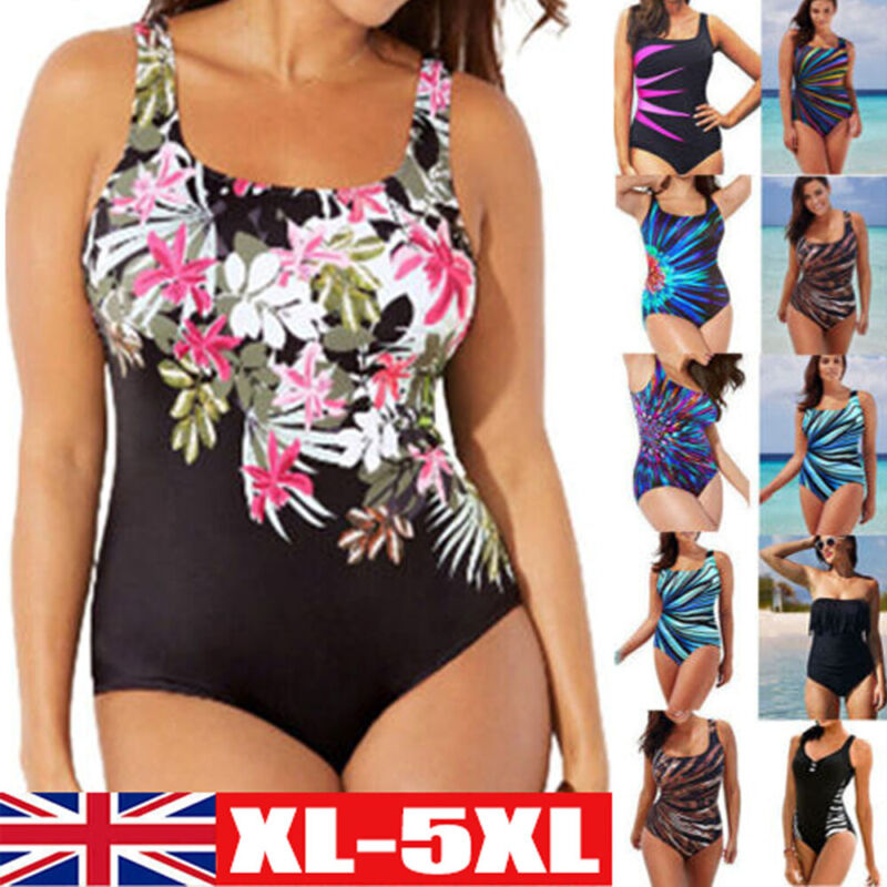 Plus Size Womens Tummy Control Monokini Swimming Costume One Piece Swimsuit UK