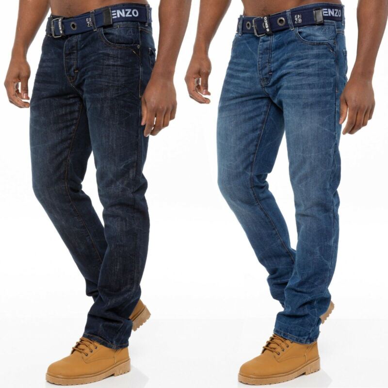 Enzo Mens Jeans Straight Leg Denim Pants Regular Fit Free Belt Trousers UK Sizes