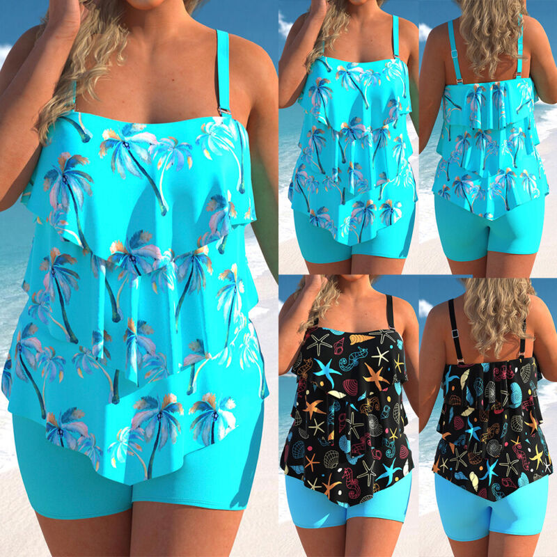 Plus Size Womens Ruffle Tankini Shorts Set Swimming Costume Swimsuit Swim Dress