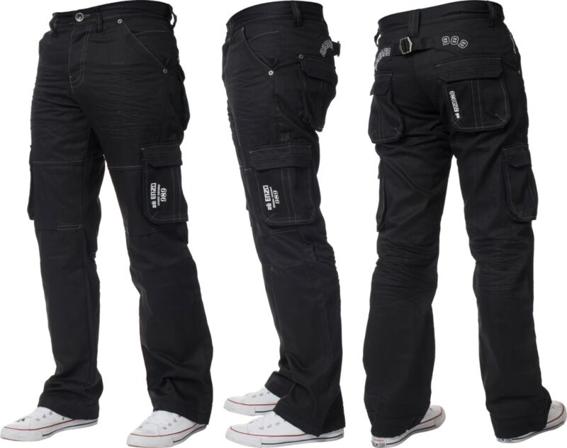 Mens Cargo Combat Jeans Enzo Designer Denim Casual Work Pants All Waist Sizes