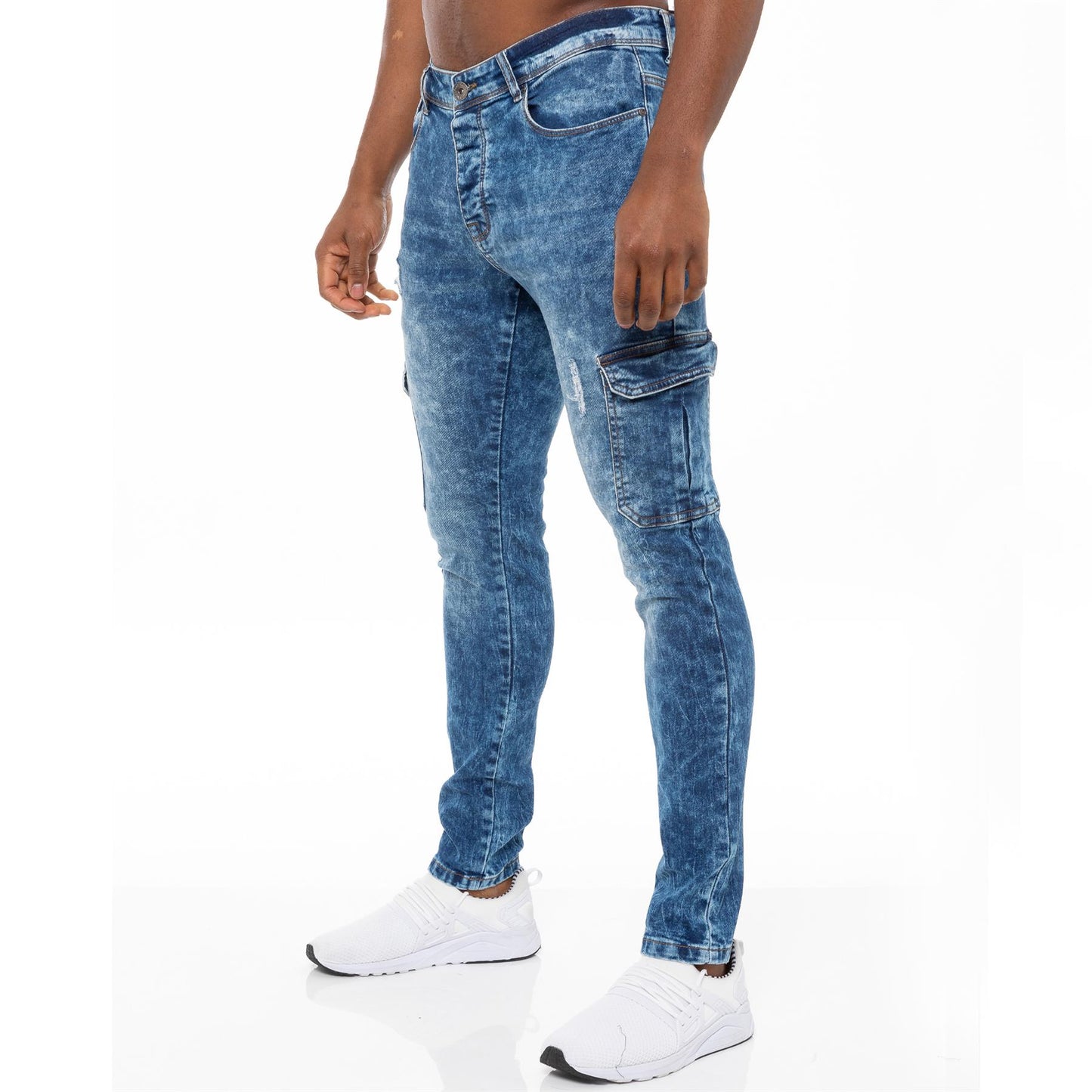 Enzo Mens Skinny Cargo Jeans Distressed Denim Stretch Fit Trousers Ripped Pants