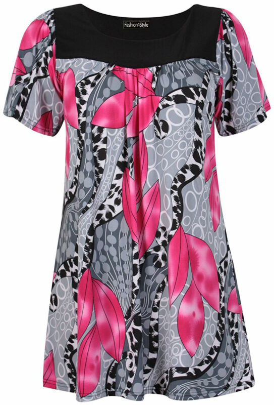 Smock Tunic Top Women Ladies Plus Size Short Sleeves Scoop Neckline Floral Print