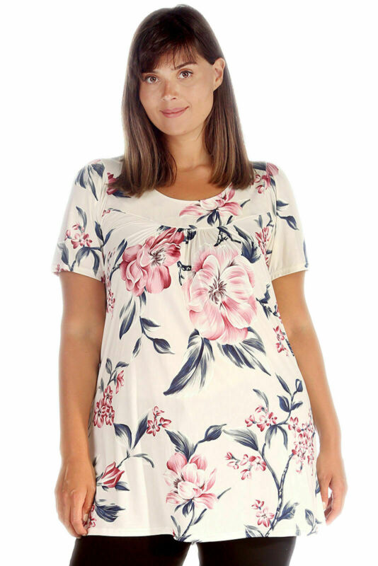 Smock Tunic Top Women Ladies Plus Size Short Sleeves Scoop Neckline Floral Print