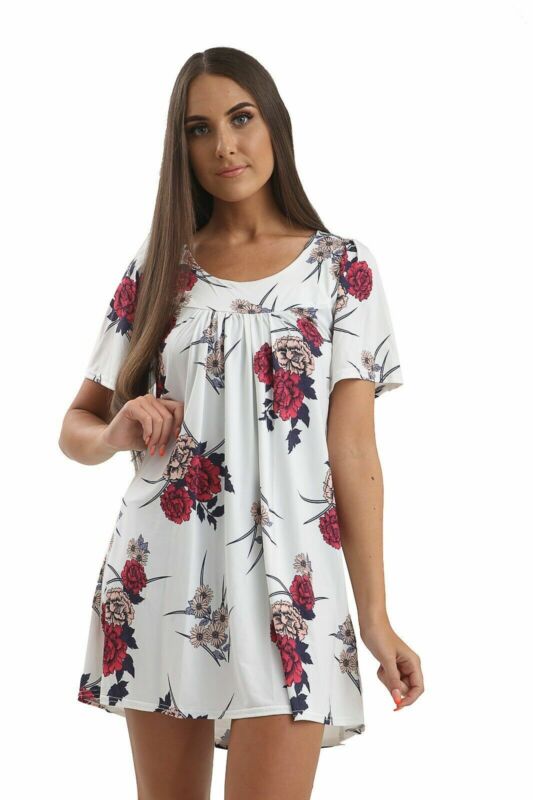 Smock Tunic Top Women Ladies Plus Size Short Sleeves Scoop Neckline Floral Print