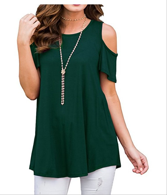 Womens Cold Shoulder Tops Summer T-Shirt Ladies Short Sleeve Swing Baggy Blouse