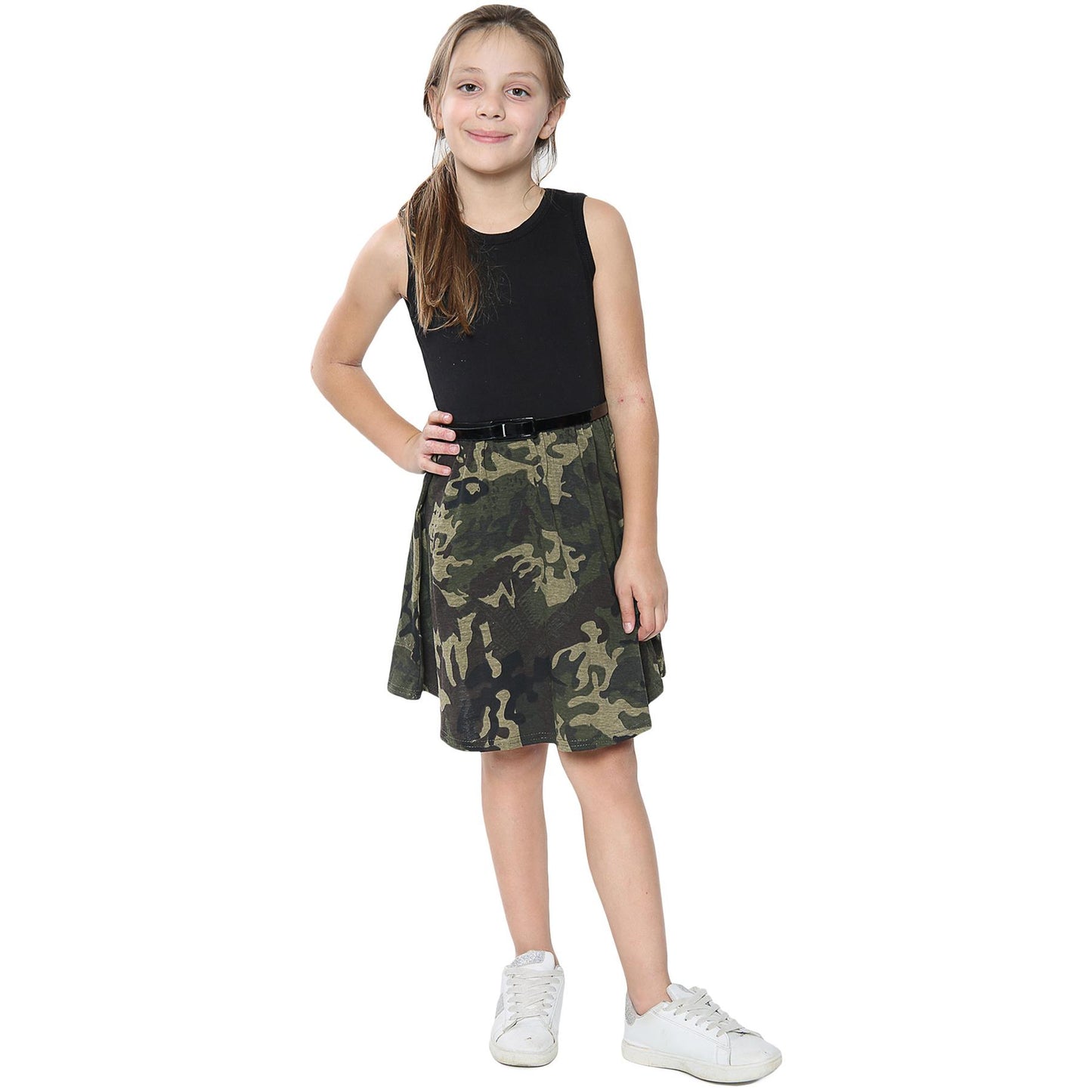 Girls Skater Dress Kids Camouflage Contrast Panel Summer Party Dresses 5-13 Year