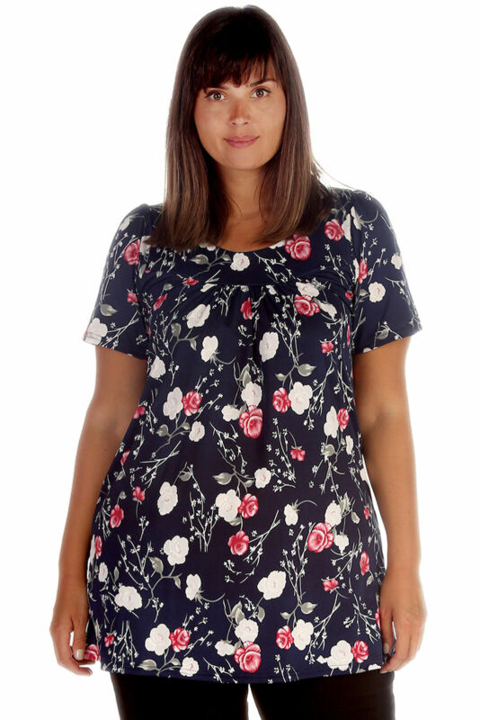 Smock Tunic Top Women Ladies Plus Size Short Sleeves Scoop Neckline Floral Print