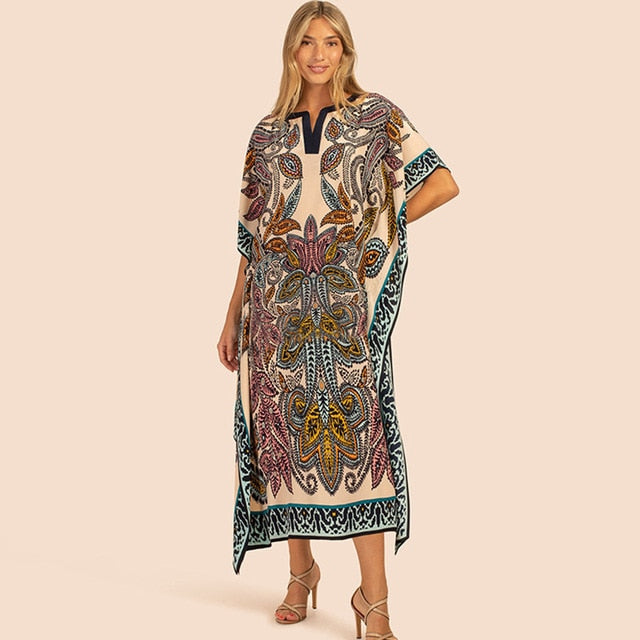 Printed Kaftans for Women Beach Cover Up Seaside Maxi Bohemian Dresses Beachwear Pareo Bathing Suits Factory Supply Dropshipping